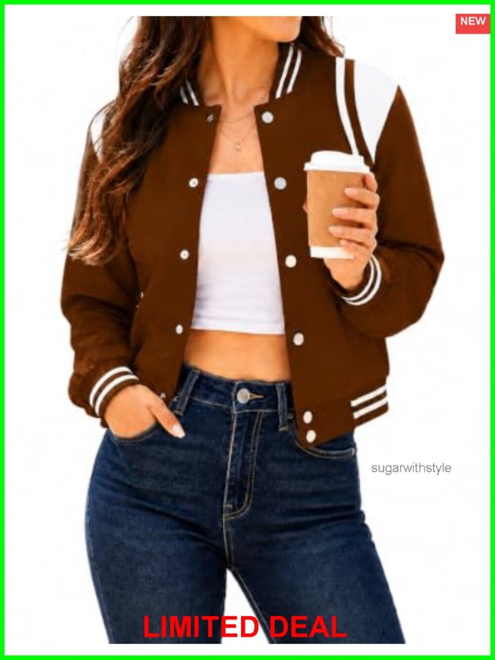 Women's Varsity Bomber Jacket Cropped Button Down Pockets
